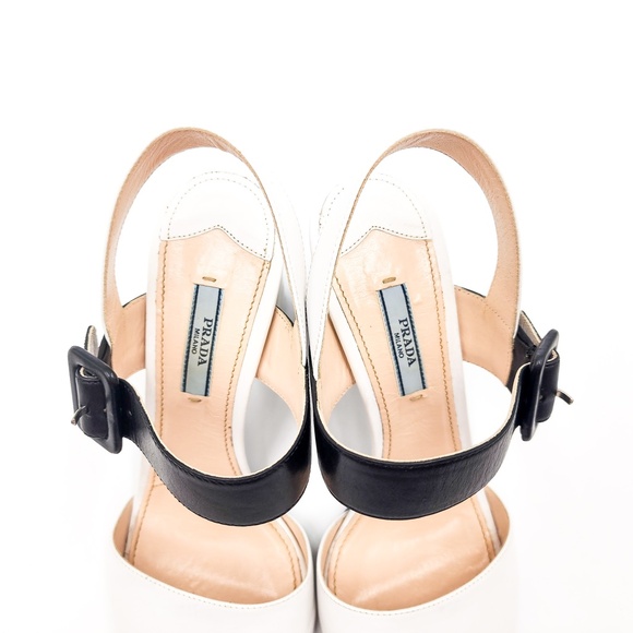 Prada Leather Mary Jane Black & White Designer Sandals Heels w.box EU 38 - Picture 5 of 9